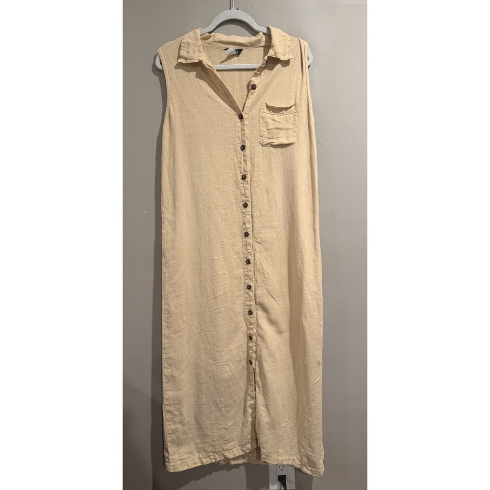 Vintage Nadia Linen Button Front Maxi Dress Medium Cottagecore Minimalist USA